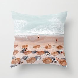 Aerial Beach Umbrellas Art Print, Sea Summer Vibes Print, Portugal Beach, People Summer Holiday Throw Pillow