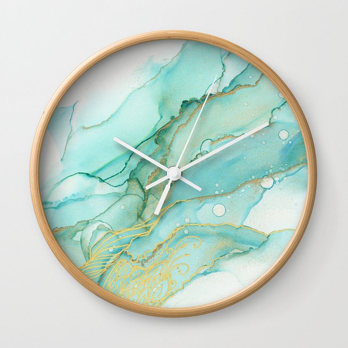 Magic Bloom Flowing Teal Blue Gold Wall Clock