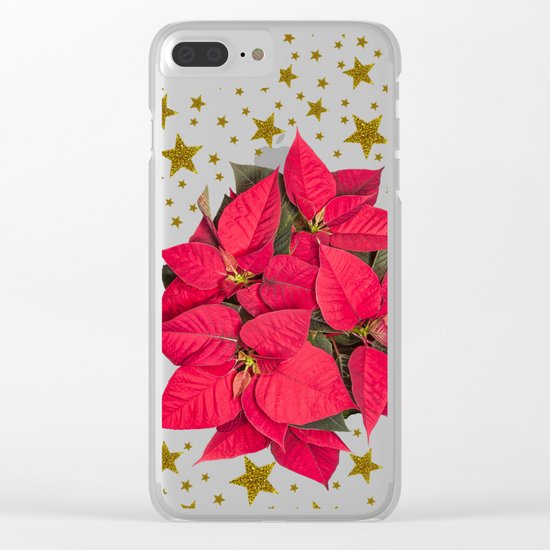 Red Christmas flower and sparkly gold stars Clear iPhone Case