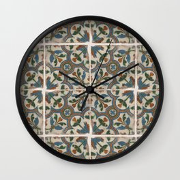 Spanish Cuenca Ceramic Tiles with Medallions, Flowers, and Rosettes (blue, brown, green, white) Wall Clock