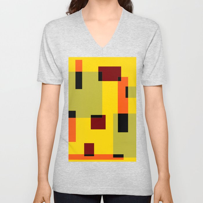 Geometric Abstraction - Green Orange Black Red Yellow  V Neck T Shirt