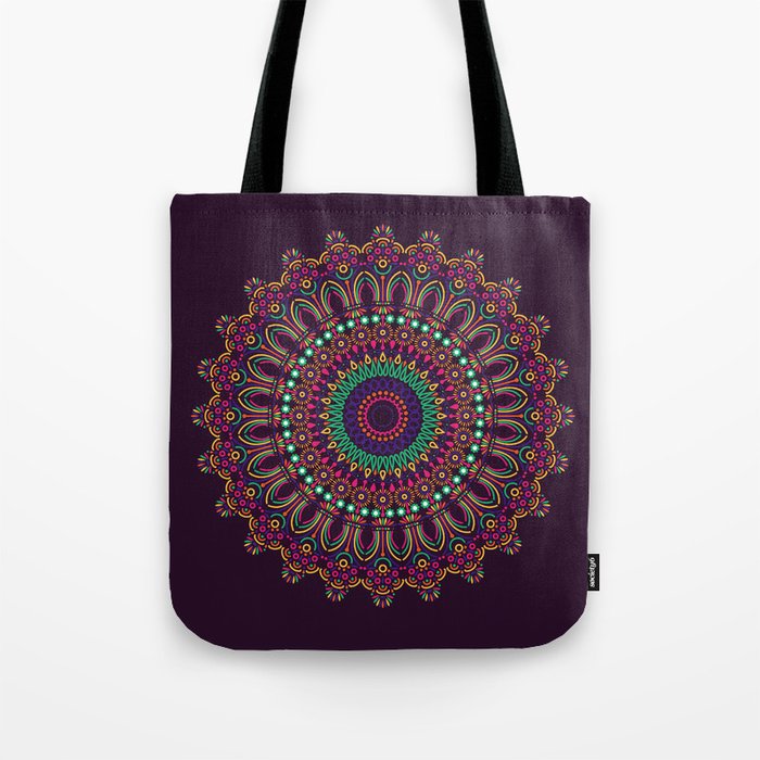 Colorful mandala, arabesque, rosette, emblem. Indian symbol. Isolated drwing. Meditation sign. Oriental lacy hand drawn, poster, background. Luxury design on pillow, linen, napkin, case, card, textile.  Tote Bag