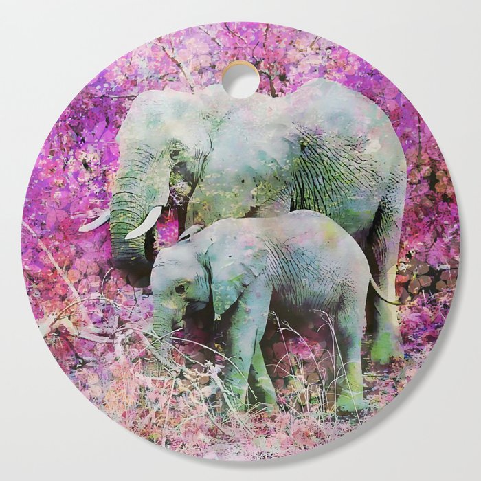 Elephant art mother child pink floral Cutting Board