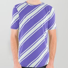 [ Thumbnail: Slate Blue & Mint Cream Colored Pattern of Stripes All Over Graphic Tee ]