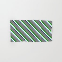[ Thumbnail: Colorful Grey, Forest Green, Mint Cream, Sky Blue & Black Colored Pattern of Stripes Hand & Bath Towel ]
