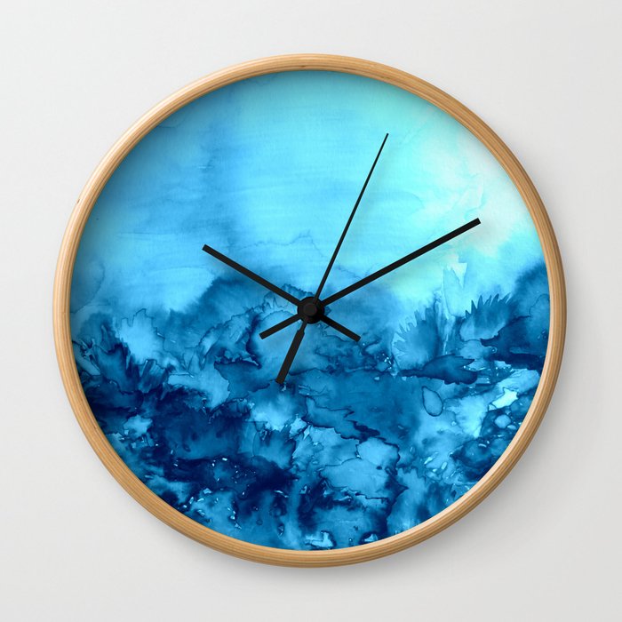 INTO ETERNITY, TURQUOISE Colorful Aqua Blue Watercolor Painting Abstract Art Floral Landscape Nature Wall Clock