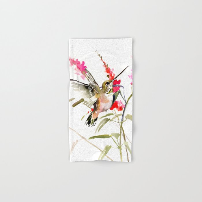 Hummingbird and Pink Flowers, sage green, olive green pink Hand & Bath Towel
