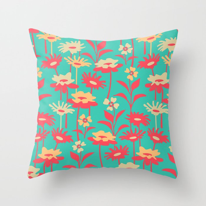 GARDEN MEADOW Retro Wildflower Floral in Apricot Orange Cherry Red Cream on Turquoise - UnBlink Studio by Jackie Tahara Throw Pillow