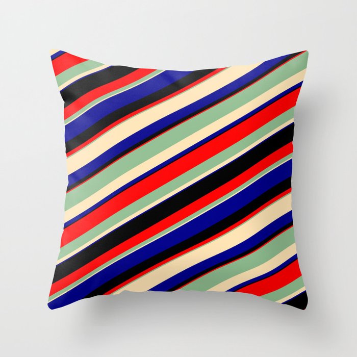 Dark Sea Green, Beige, Dark Blue, Black & Red Colored Lines/Stripes Pattern Throw Pillow