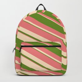 [ Thumbnail: Bisque, Green, and Light Coral Colored Striped/Lined Pattern Backpack ]