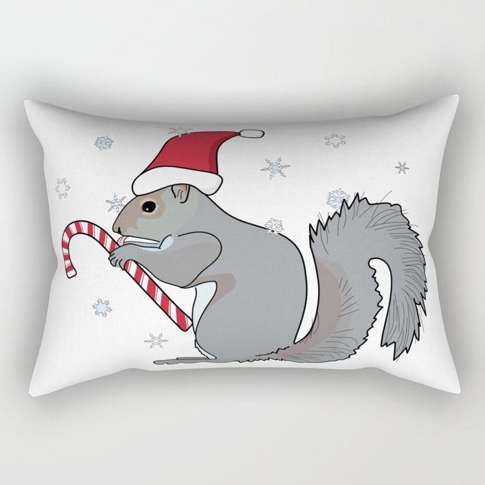 Squirrel Wearing Santa Hat and Eating Candy Cane as Snowflakes Fall Rectangular Pillow