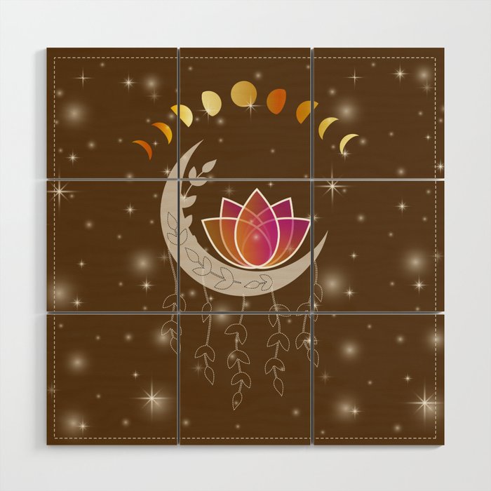 Moon dreamcatcher with pink lotus and leaves Wood Wall Art