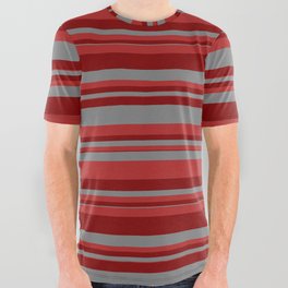 [ Thumbnail: Red, Maroon, and Gray Colored Stripes Pattern All Over Graphic Tee ]