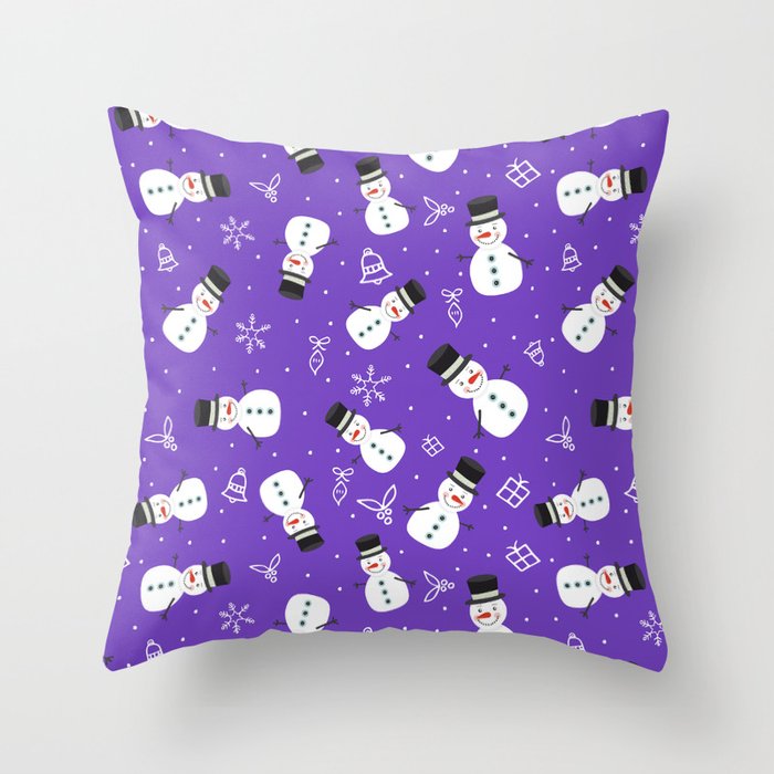 Snowmen on Purple Christmas Pattern Digital Graphic Design Throw Pillow