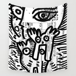 Creatures Graffiti Black and White on French Train Ticket Wall Tapestry