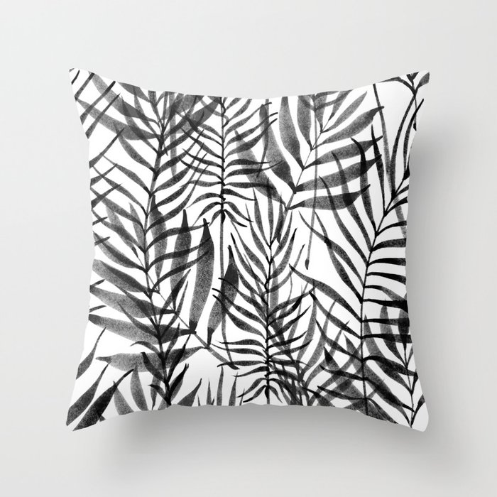 Monochromatic - Black Ferns and Leaves Throw Pillow