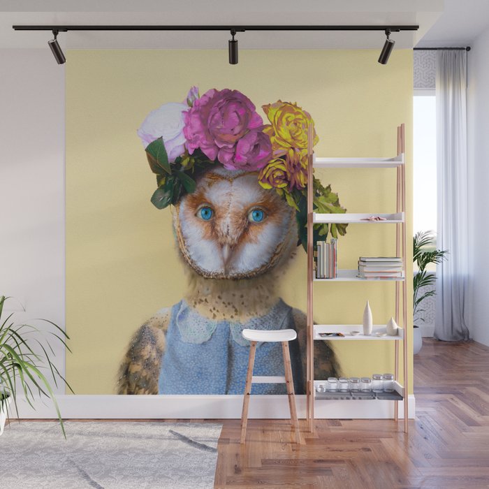 Lady Owl with Head Flowers Bouquet Wall Mural