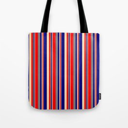 [ Thumbnail: Tan, Blue, Gray & Red Colored Lines/Stripes Pattern Tote Bag ]