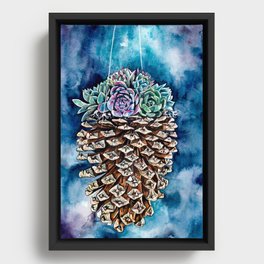 Pine cone and succulents, blue and green flowers, watercolor painting Framed Canvas