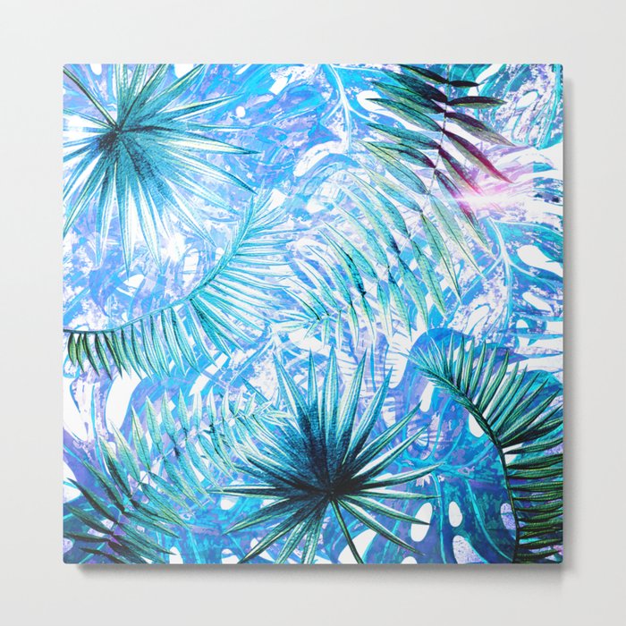 Aloha - Blue abstract Tropical Palm Leaves and Monstera Leaf Garden Metal Print
