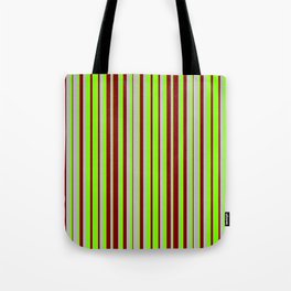 [ Thumbnail: Grey, Chartreuse, and Maroon Colored Striped Pattern Tote Bag ]