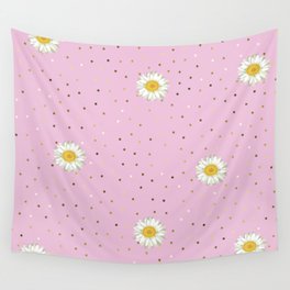 Daisy Flower seamless White and Yellow pattern and Gold Confetti on Pastel Pink Background Wall Tapestry