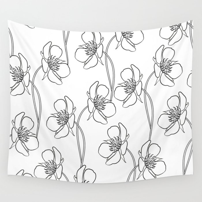 Strawberry flowers in seamless background. Black and white drawing. Wall Tapestry