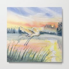 Egret-Flying in The Dawn Metal Print | Heron, Birthday, Marsh, Watercolor, Animal, Gift, Sunrise, Egret, Artwork, Painting 