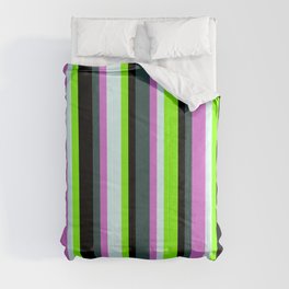 [ Thumbnail: Dark Slate Gray, Orchid, Light Cyan, Chartreuse & Black Colored Lines/Stripes Pattern Comforter ]