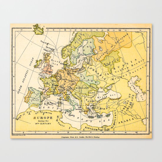 Europe During The 14th Century - Vintage Map Canvas Print