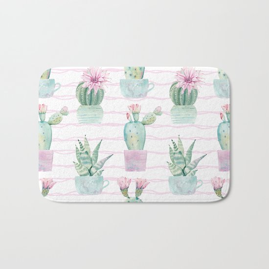 Simply Echeveria Cactus on Desert Rose Pink Wavy Lines Bath Mat