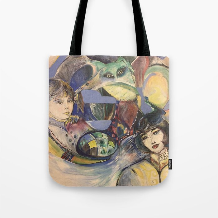 Colorful World - A Green Cat, a Lady And a Kid Oil Artwork Tote Bag