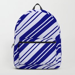 [ Thumbnail: Dark Blue and Lavender Colored Lines Pattern Backpack ]