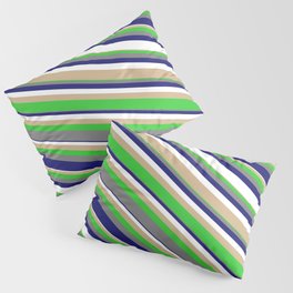 [ Thumbnail: Eyecatching Tan, Lime Green, Grey, Midnight Blue & White Colored Lines Pattern Pillow Sham ]