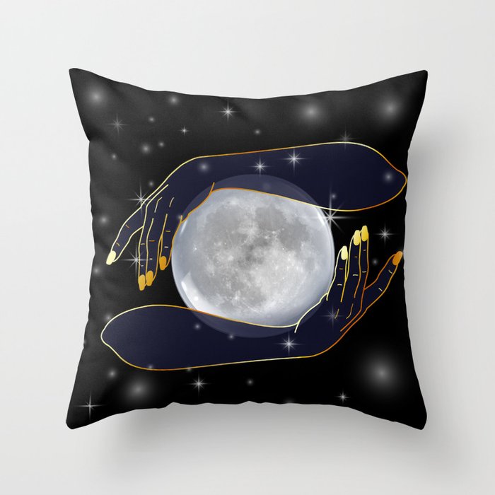 Mystical Hands holding the full moon performing magic ritual Throw Pillow