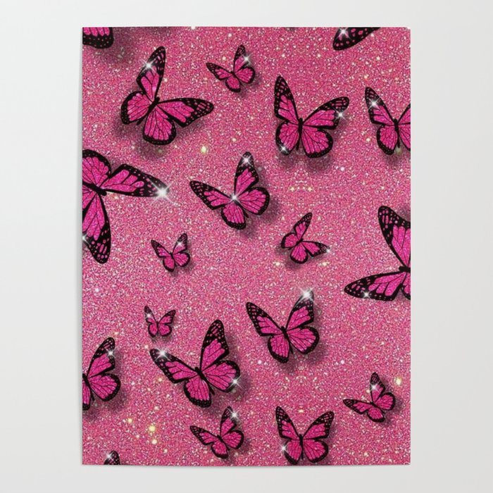 Cute Pink Butterfly on Glitter Aesthetic Background Poster Poster
