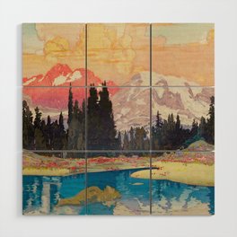 Storms over Keiisino - Winter Mountain & Forest Ukiyoe Nature Landscape in Pink, Blue, and Green Wood Wall Art