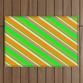 [ Thumbnail: Light Yellow, Dark Orange, Orchid, and Lime Colored Lined Pattern Outdoor Rug ]