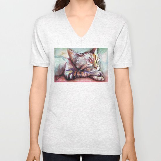 Sleeping Kitten Watercolor Cat Whimsical Cats Unisex V-Neck