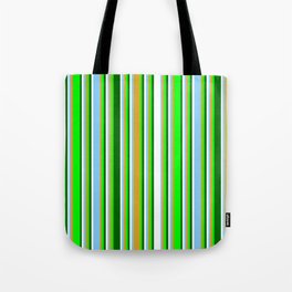 [ Thumbnail: Eyecatching Lime, Goldenrod, Light Sky Blue, White, and Dark Green Colored Pattern of Stripes Tote Bag ]