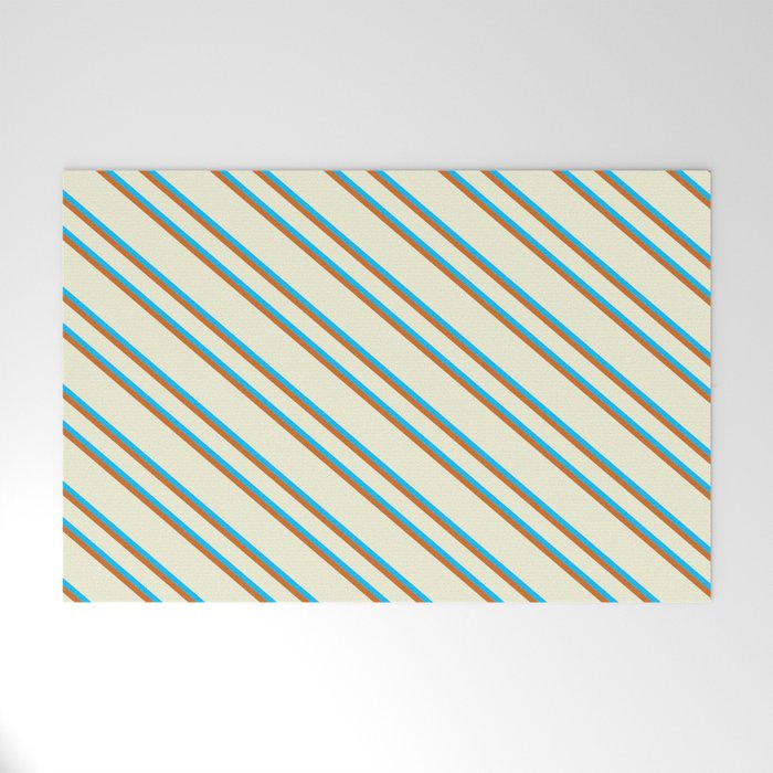 Beige, Deep Sky Blue & Chocolate Colored Lines Pattern Welcome Mat