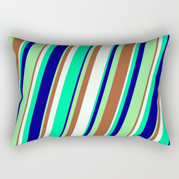 Eye-catching Light Green, Sienna, Mint Cream, Green, and Blue Colored Stripes/Lines Pattern Rectangular Pillow