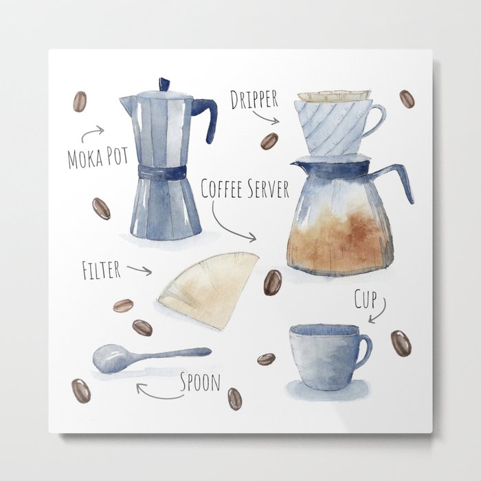 Coffee Utensils Watercolor Illustration Metal Print