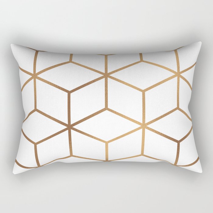 White And Gold Geometric Cube Design Rectangular Pillow By