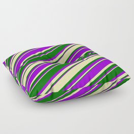 [ Thumbnail: Pale Goldenrod, Dark Green & Dark Violet Colored Lined Pattern Floor Pillow ]