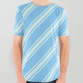 [ Thumbnail: Light Sky Blue and Light Cyan Colored Lines Pattern All Over Graphic Tee ]