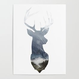 Deer Silhouette in Scotland Forest Wilderness River Landscape Poster