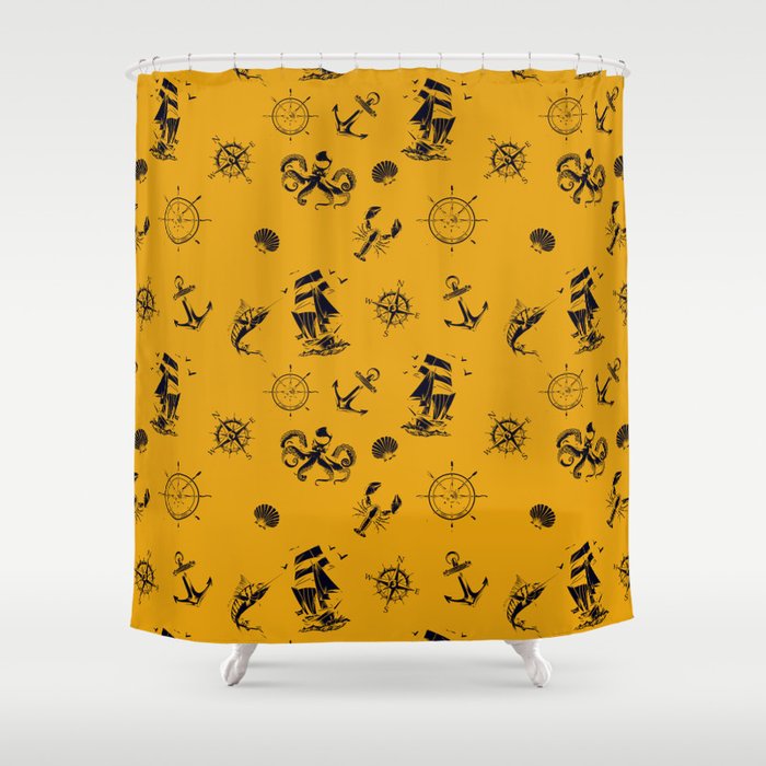 Mustard And Blue Silhouettes Of Vintage Nautical Pattern Shower Curtain