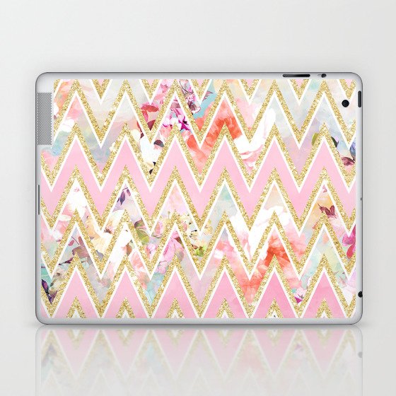 Pastel watercolor floral pink gold chevron pattern Laptop & iPad Skin