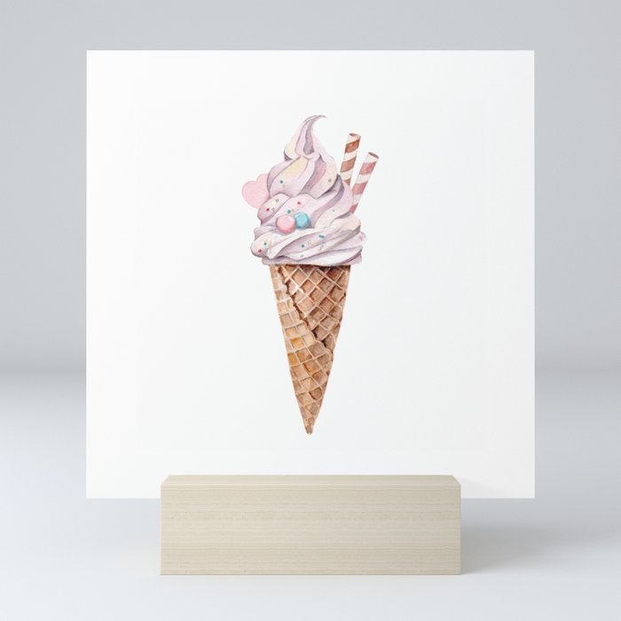 Watercolor ice cream in a cone Mini Art Print